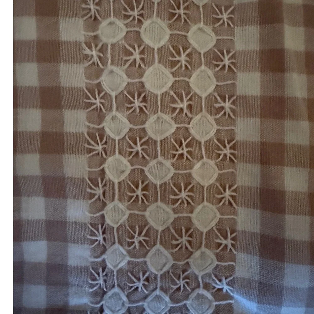 Vintage Gingham Check Pillowcase‎ Tan White Eyelet Lace Trim Farmhouse Cottage